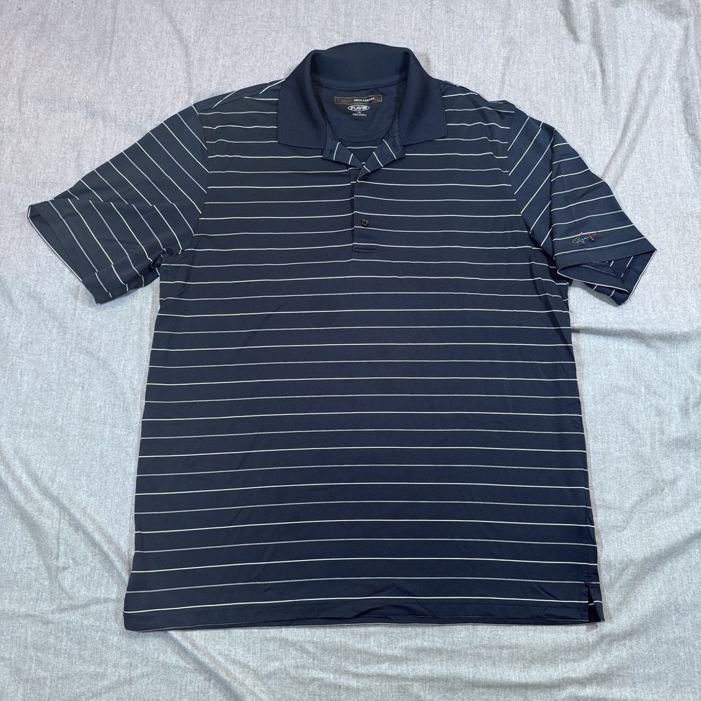 Greg Norman Shirt Mens Large Polo Navy Blue Striped Play Dry Golf‎ Performance